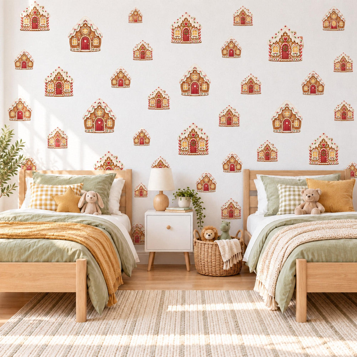 Gingerbread House Wall Stickers, Christmas Nursery Decor, Gingerbread Cottage Wall Decals, Red Brown Festive Kids Peel and Stick Wall Art