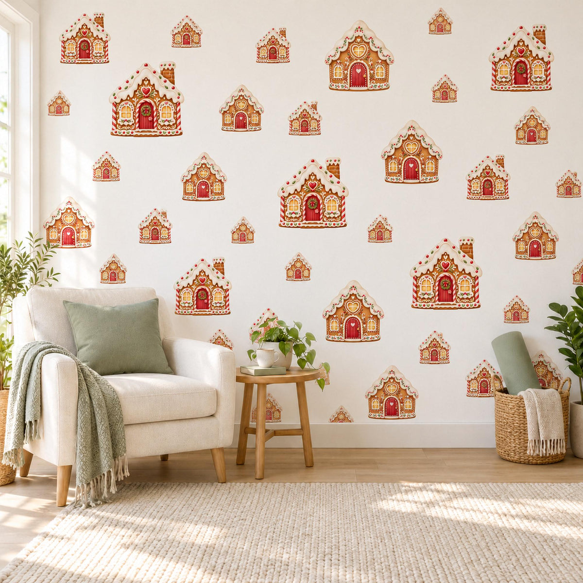 Gingerbread House Wall Stickers, Christmas Nursery Decor, Gingerbread Cottage Wall Decals, Red Brown Festive Kids Peel and Stick Wall Art