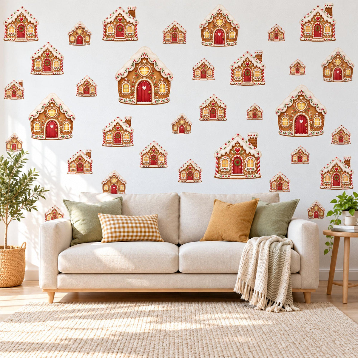 Gingerbread House Wall Stickers, Christmas Nursery Decor, Gingerbread Cottage Wall Decals, Red Brown Festive Kids Peel and Stick Wall Art