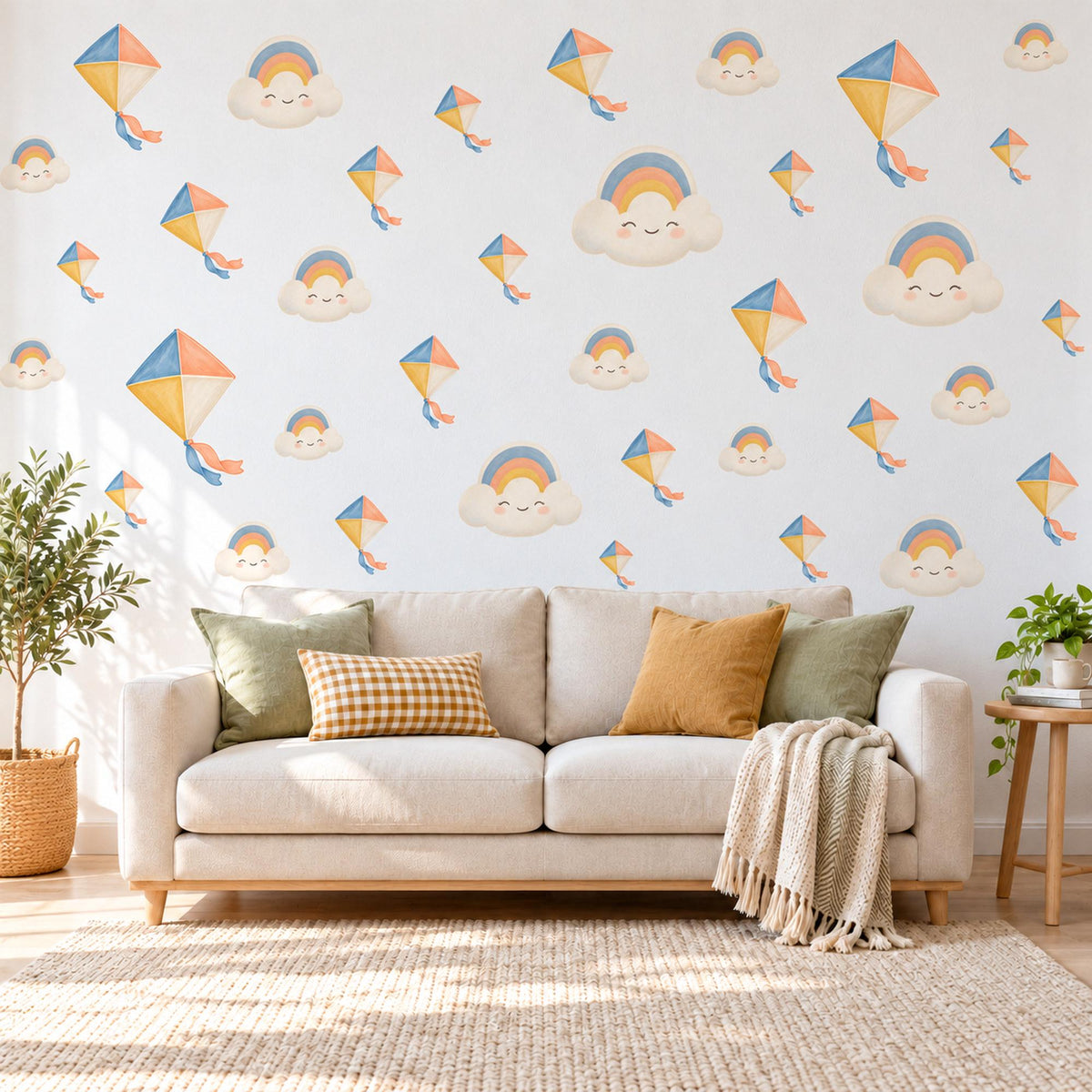 Kite Wall Stickers, Kites and Rainbow Cloud Nursery Decor, Smiling Cloud Wall Decals, Blue Yellow Orange Kids Room Peel and Stick Wall Art