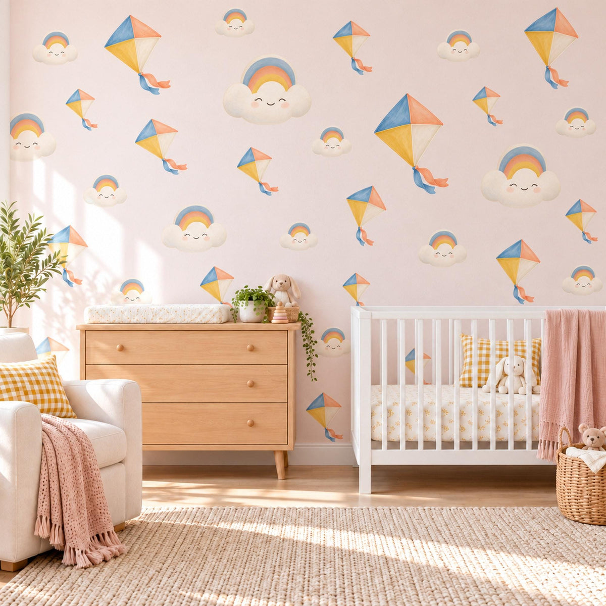 Kite Wall Stickers, Kites and Rainbow Cloud Nursery Decor, Smiling Cloud Wall Decals, Blue Yellow Orange Kids Room Peel and Stick Wall Art
