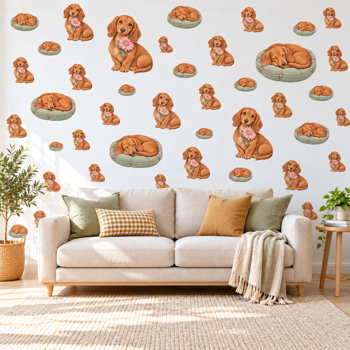 Dachshund Wall Stickers, Sausage Dog Nursery Decor, Puppy and Daisy Wall Decals, Caramel Sage Pink Kids Room Peel and Stick Wall Art