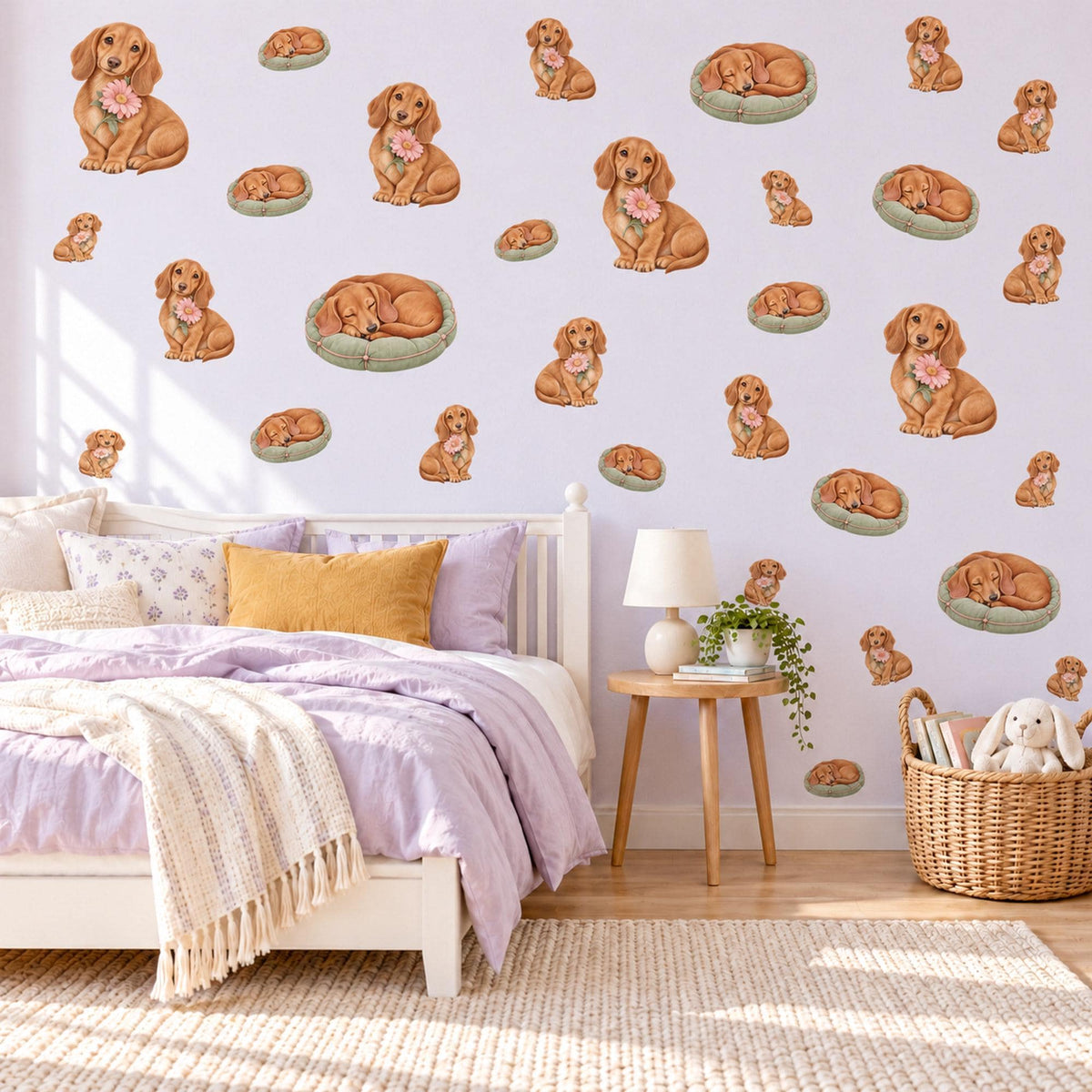 Dachshund Wall Stickers, Sausage Dog Nursery Decor, Puppy and Daisy Wall Decals, Caramel Sage Pink Kids Room Peel and Stick Wall Art
