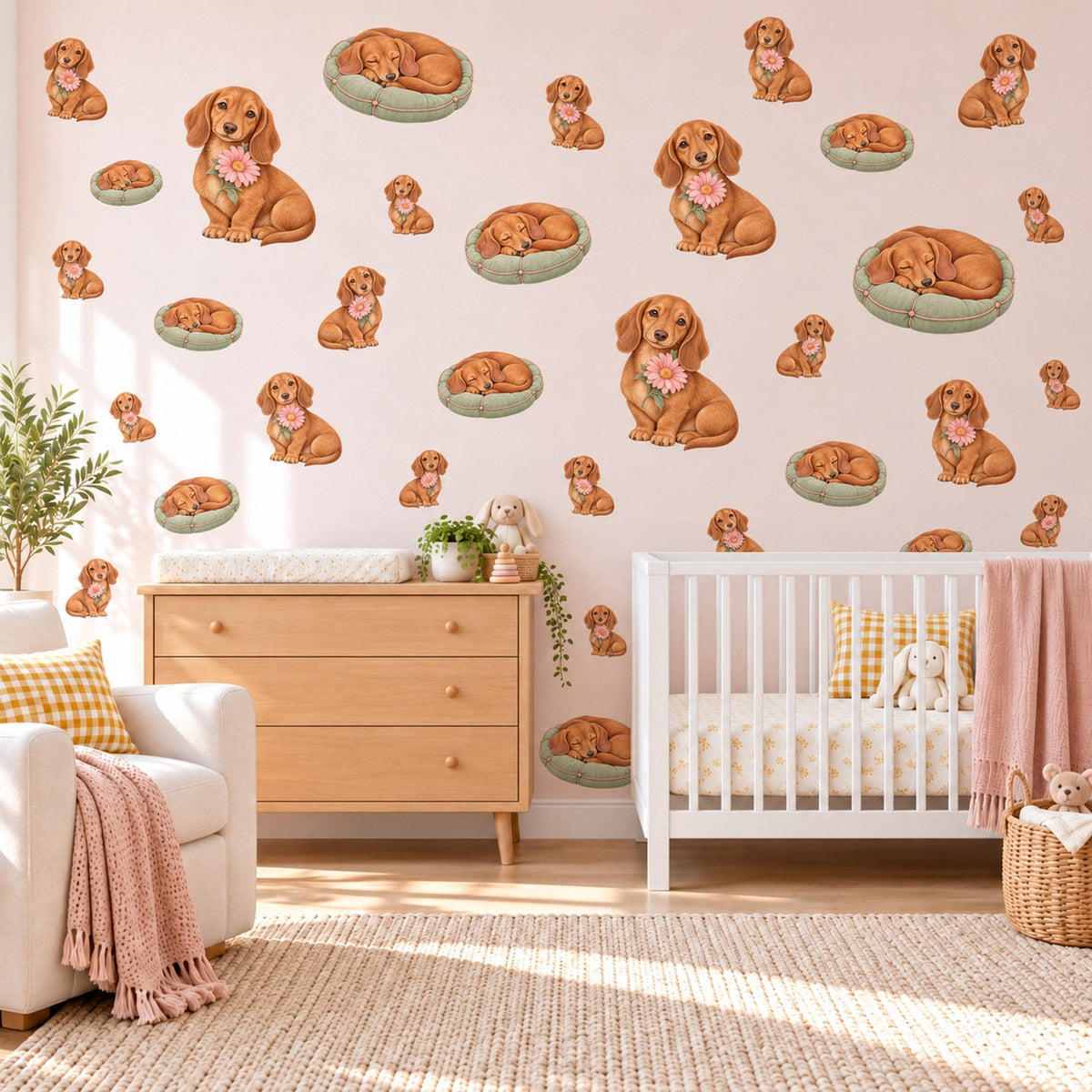 Dachshund Wall Stickers, Sausage Dog Nursery Decor, Puppy and Daisy Wall Decals, Caramel Sage Pink Kids Room Peel and Stick Wall Art