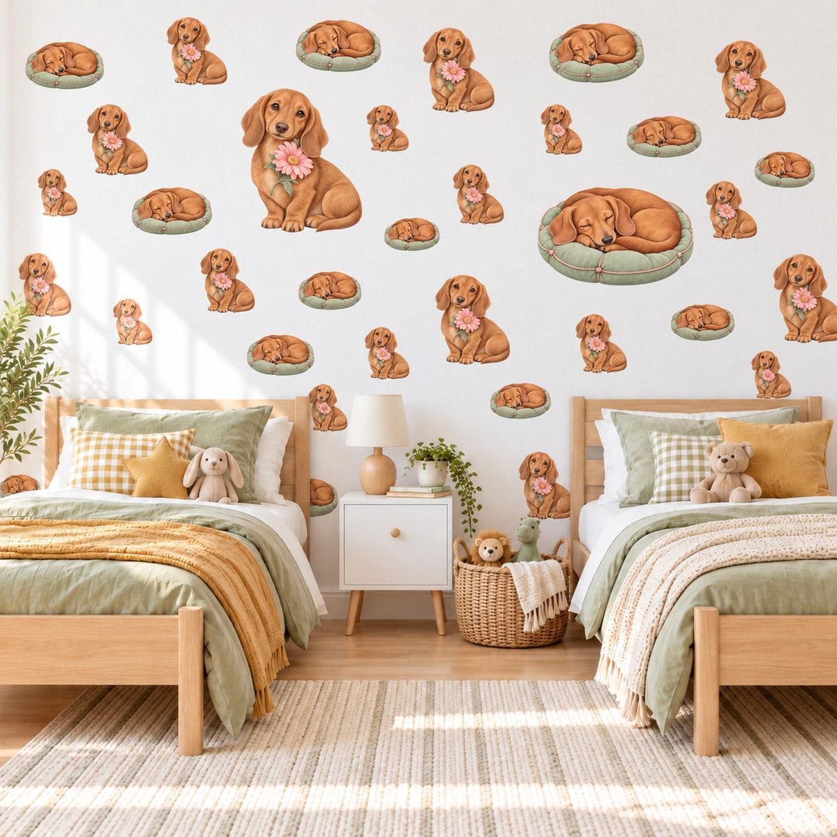 Dachshund Wall Stickers, Sausage Dog Nursery Decor, Puppy and Daisy Wall Decals, Caramel Sage Pink Kids Room Peel and Stick Wall Art