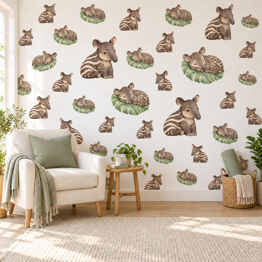 Tapir Wall Stickers, Baby Tapir Jungle Nursery Decor, Rainforest Animal Wall Decals, Brown Green Tropical Kids Room Peel and Stick Wall Art