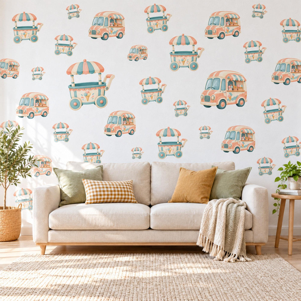 Ice Cream Wall Stickers, Ice Cream Cart and Van Nursery Decor, Retro Ice Cream Truck Wall Decals, Peach Teal Kids Room Peel and Stick Art