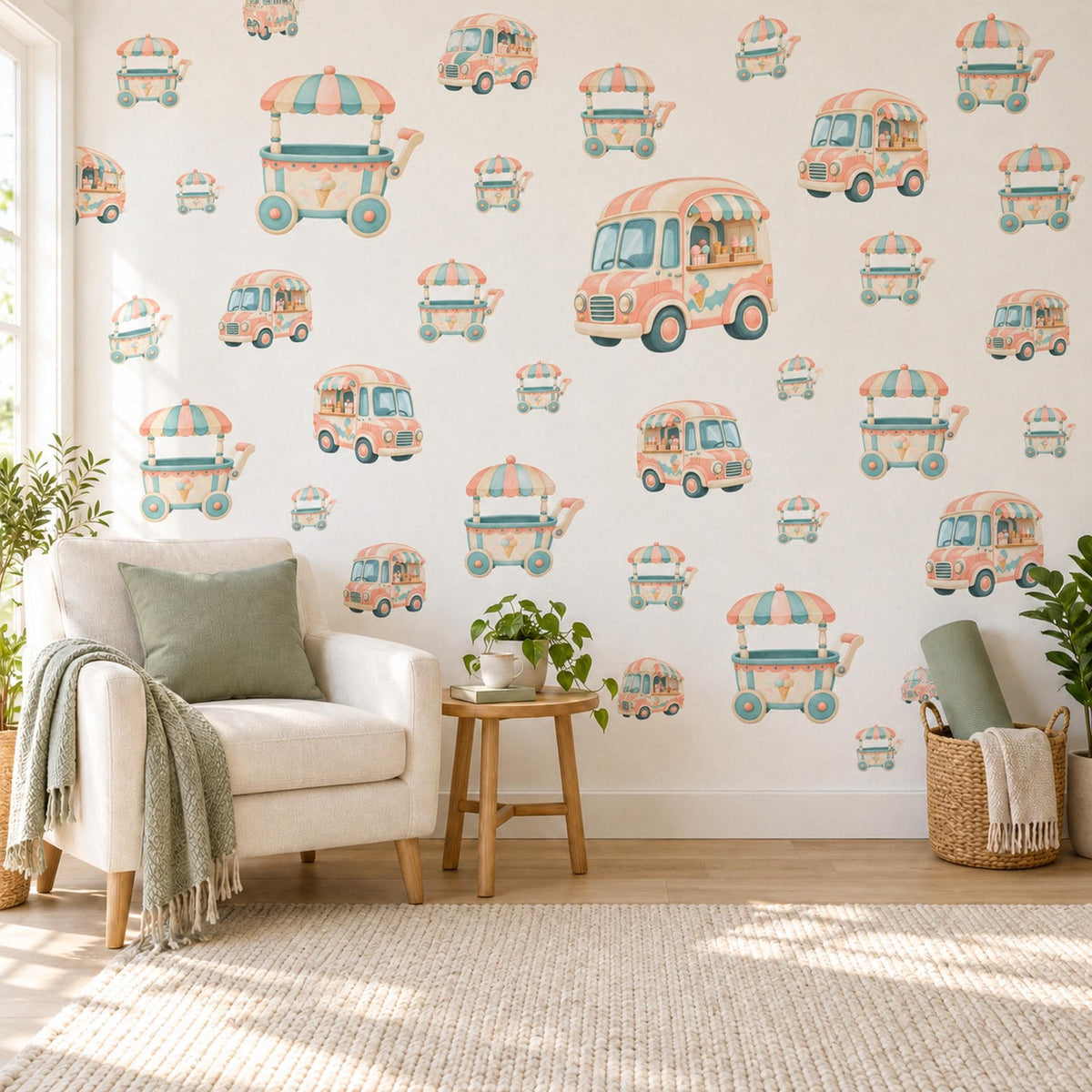 Ice Cream Wall Stickers, Ice Cream Cart and Van Nursery Decor, Retro Ice Cream Truck Wall Decals, Peach Teal Kids Room Peel and Stick Art