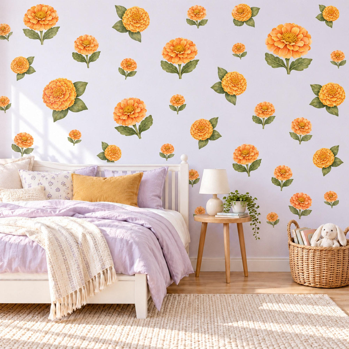Marigold Wall Stickers, Orange Flower Nursery Decor, Marigold and Zinnia Wall Decals, Warm Orange Green Floral Kids Room Peel and Stick Art