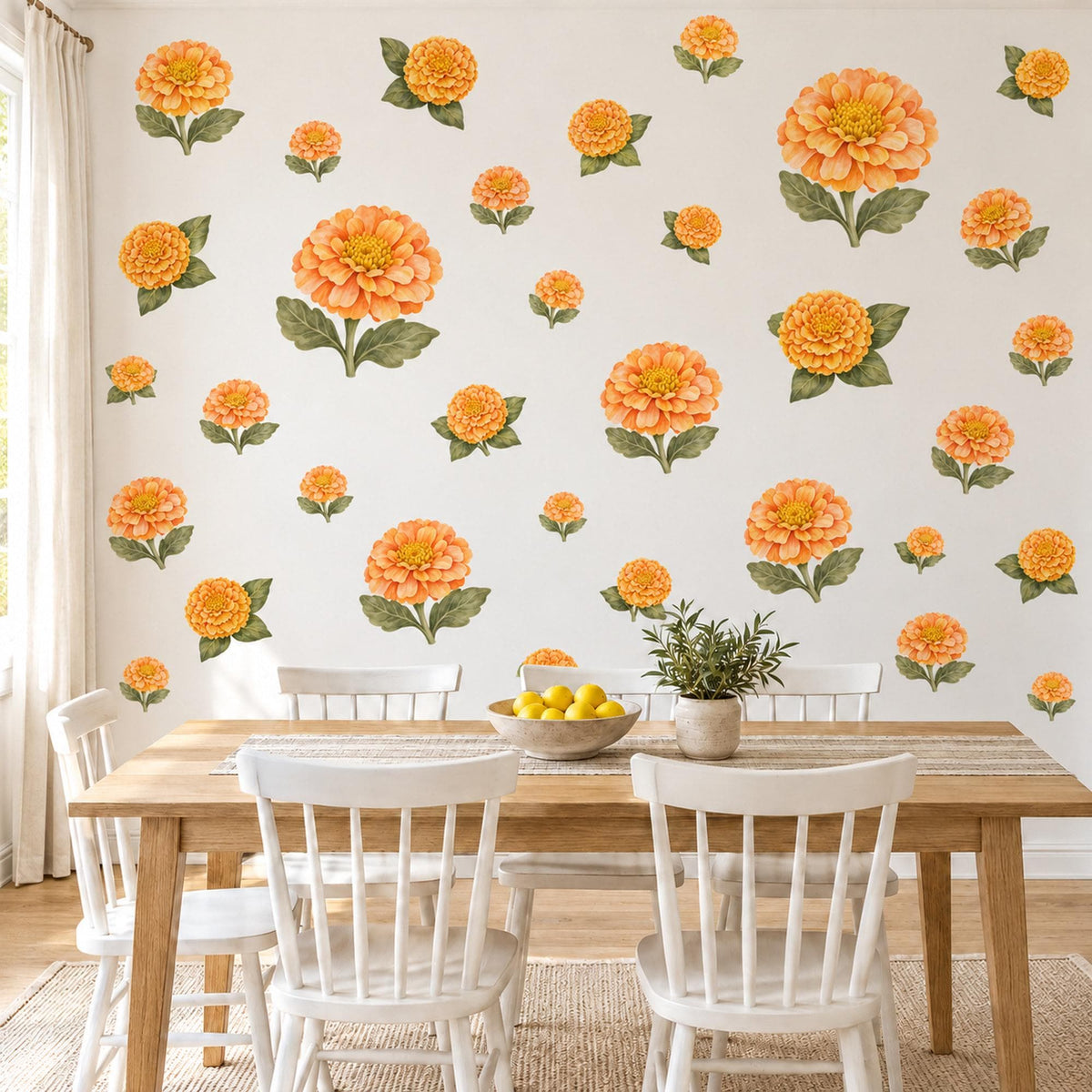 Marigold Wall Stickers, Orange Flower Nursery Decor, Marigold and Zinnia Wall Decals, Warm Orange Green Floral Kids Room Peel and Stick Art