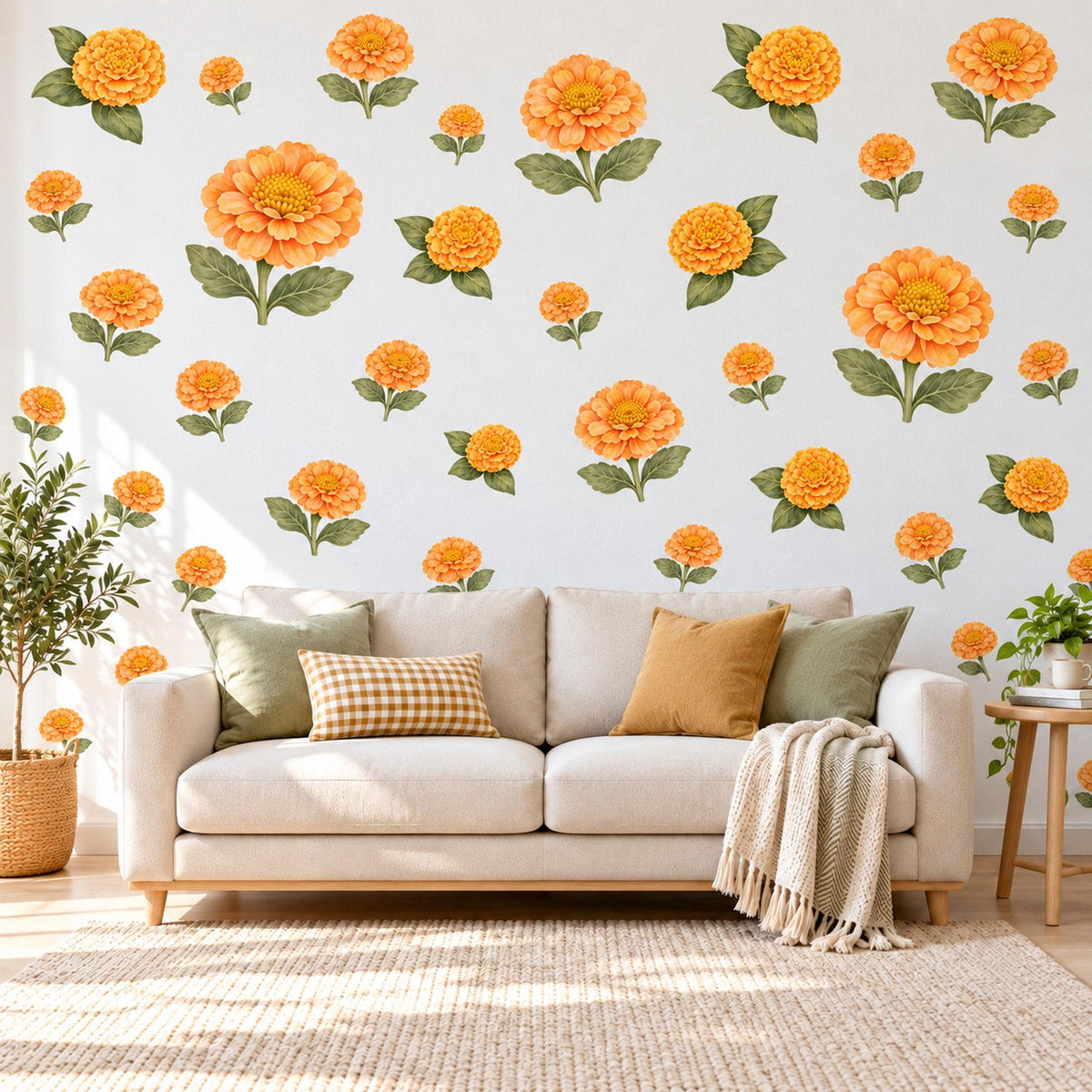 Marigold Wall Stickers, Orange Flower Nursery Decor, Marigold and Zinnia Wall Decals, Warm Orange Green Floral Kids Room Peel and Stick Art