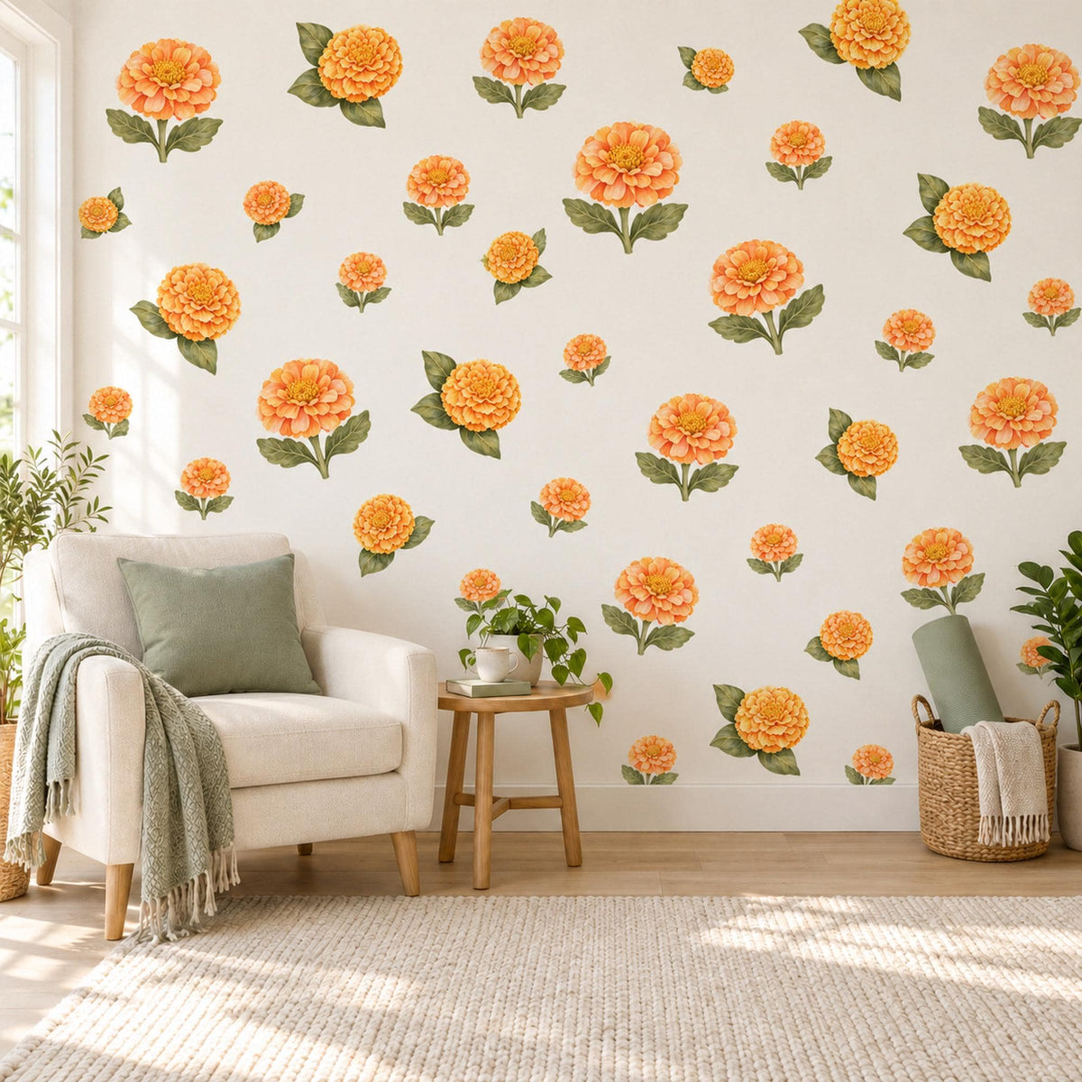 Marigold Wall Stickers, Orange Flower Nursery Decor, Marigold and Zinnia Wall Decals, Warm Orange Green Floral Kids Room Peel and Stick Art