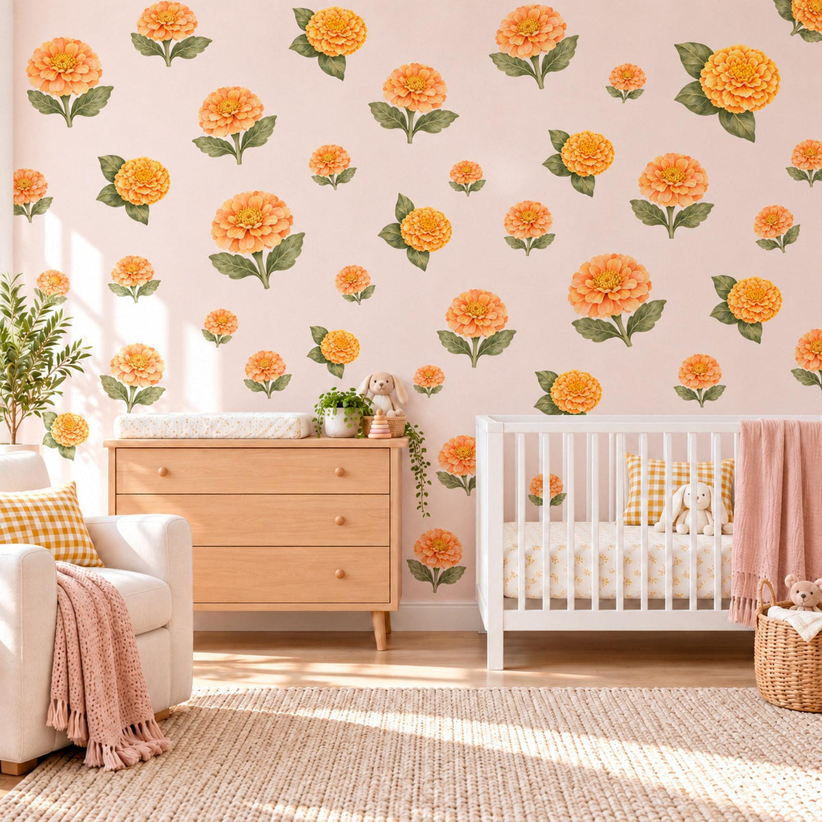 Marigold Wall Stickers, Orange Flower Nursery Decor, Marigold and Zinnia Wall Decals, Warm Orange Green Floral Kids Room Peel and Stick Art