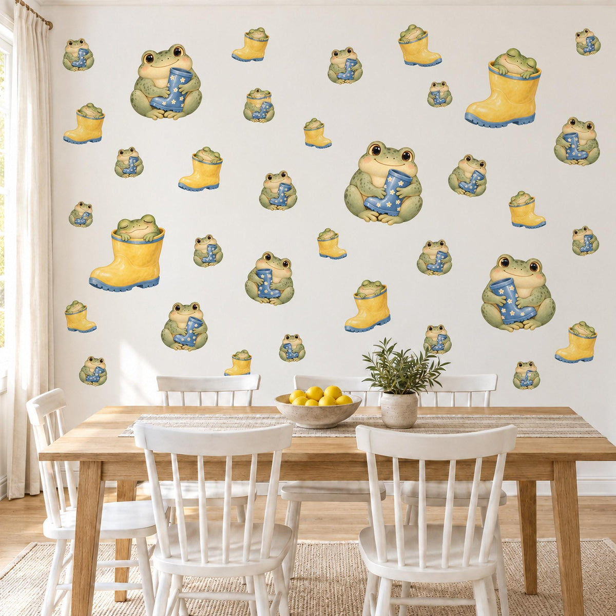 Frog Wall Stickers, Frog and Wellies Nursery Decor, Cute Rainy Day Frog Wall Decals, Green Yellow Blue Kids Room Peel and Stick Wall Art