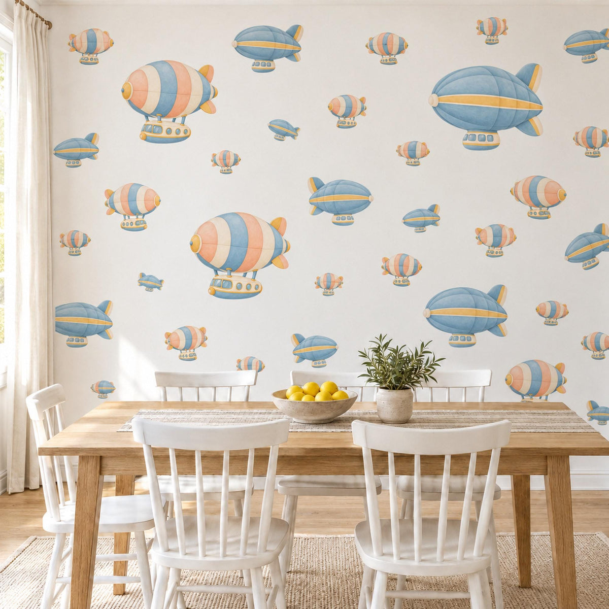Airship Wall Stickers, Vintage Blimp Nursery Decor, Striped Zeppelin Wall Decals, Peach Blue Travel Kids Room Peel and Stick Wall Art