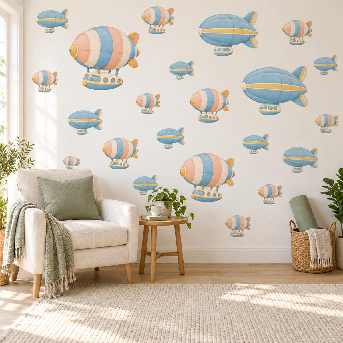 Airship Wall Stickers, Vintage Blimp Nursery Decor, Striped Zeppelin Wall Decals, Peach Blue Travel Kids Room Peel and Stick Wall Art