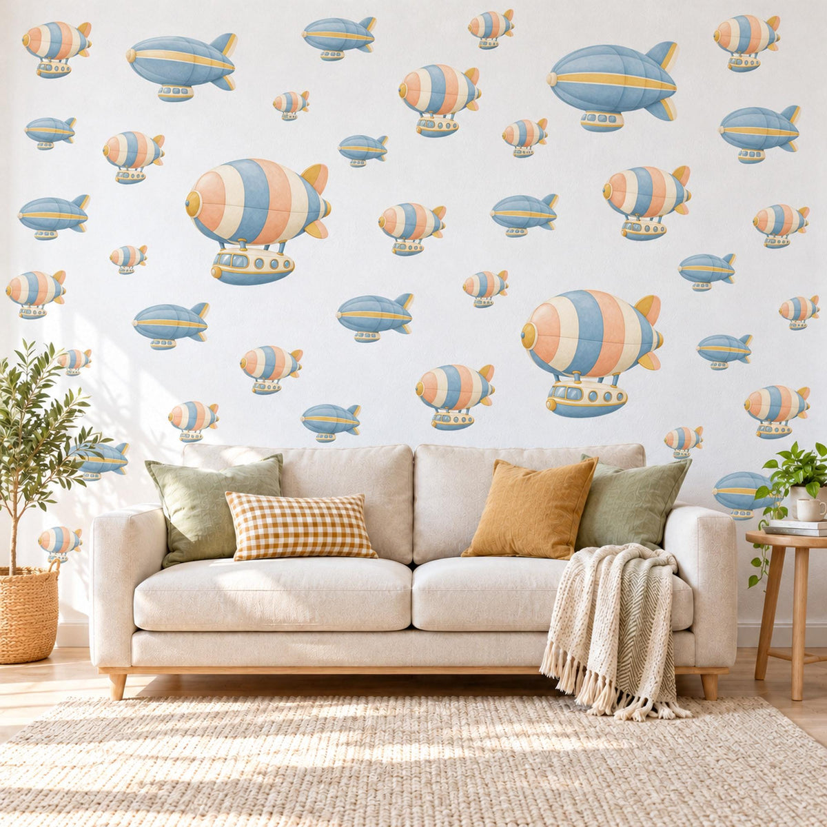 Airship Wall Stickers, Vintage Blimp Nursery Decor, Striped Zeppelin Wall Decals, Peach Blue Travel Kids Room Peel and Stick Wall Art