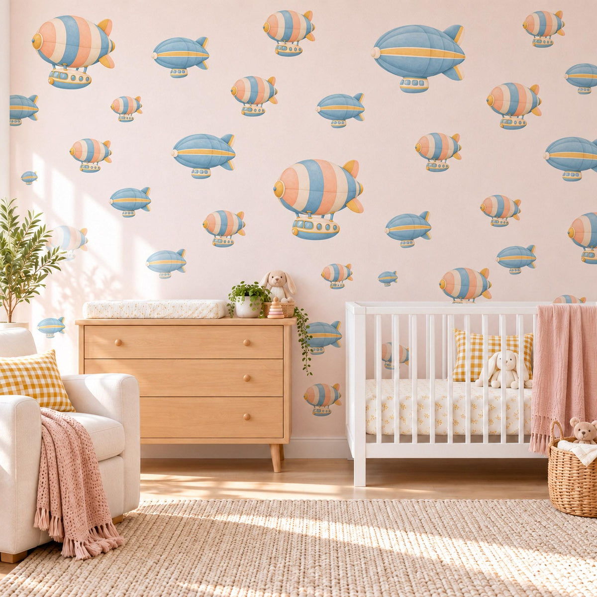 Airship Wall Stickers, Vintage Blimp Nursery Decor, Striped Zeppelin Wall Decals, Peach Blue Travel Kids Room Peel and Stick Wall Art