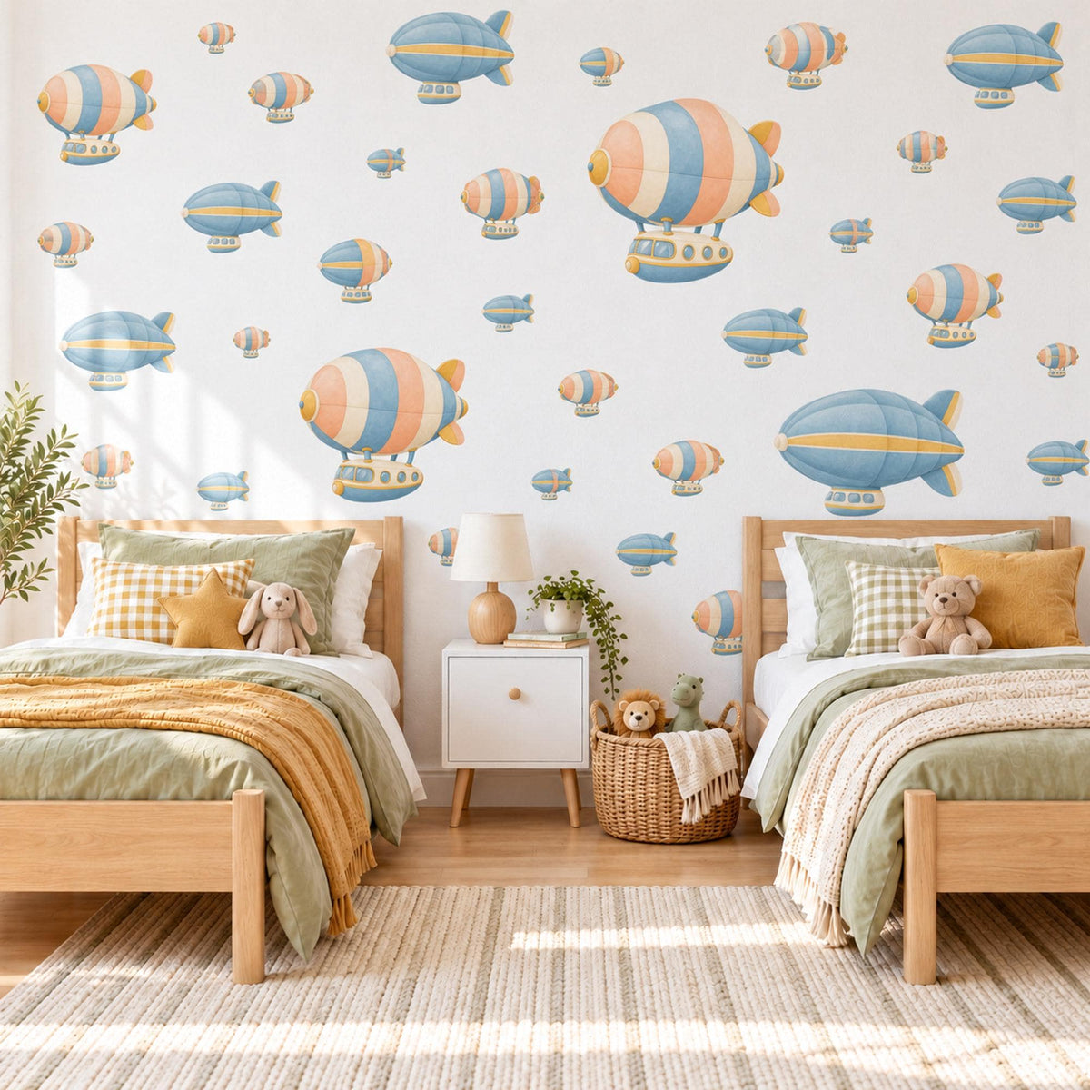 Airship Wall Stickers, Vintage Blimp Nursery Decor, Striped Zeppelin Wall Decals, Peach Blue Travel Kids Room Peel and Stick Wall Art