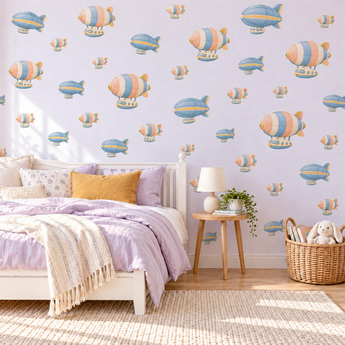 Airship Wall Stickers, Vintage Blimp Nursery Decor, Striped Zeppelin Wall Decals, Peach Blue Travel Kids Room Peel and Stick Wall Art