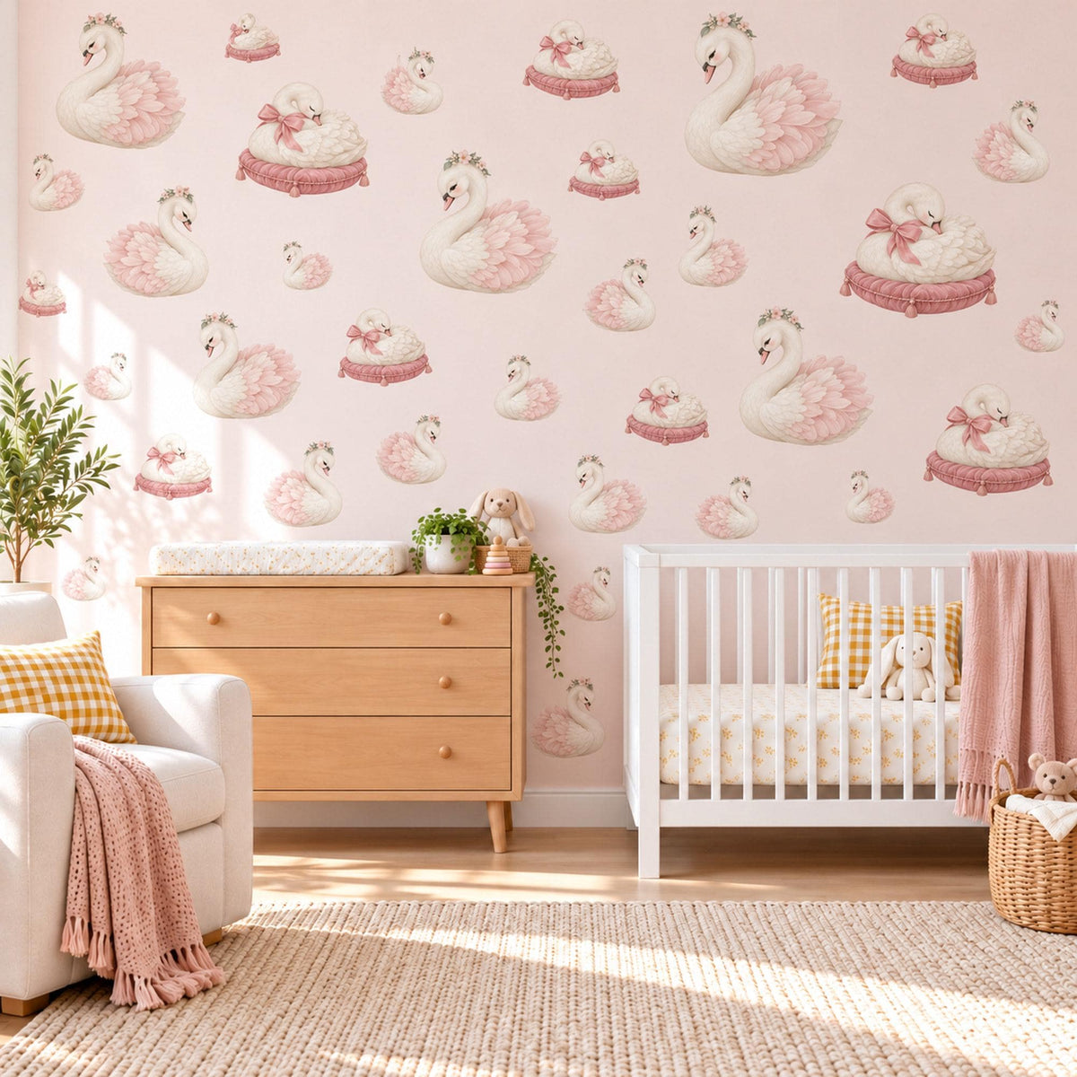 Swan Wall Stickers, Ballet Swan Nursery Decor, Swan Princess Wall Decals, Blush Pink Cream Girls Room Peel and Stick Wall Art
