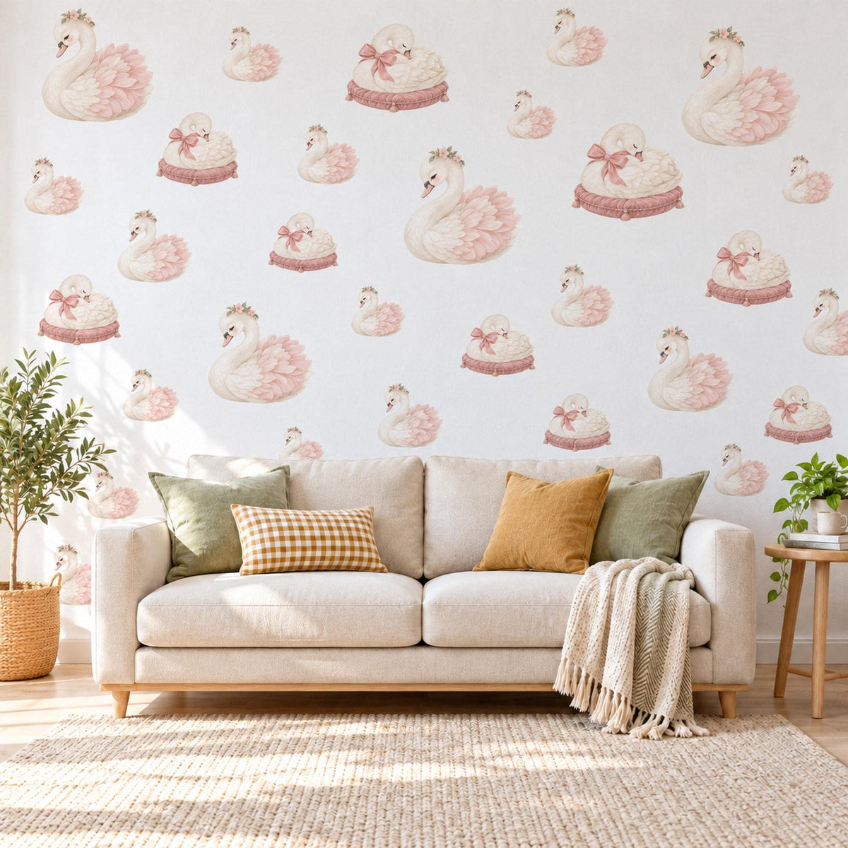 Swan Wall Stickers, Ballet Swan Nursery Decor, Swan Princess Wall Decals, Blush Pink Cream Girls Room Peel and Stick Wall Art