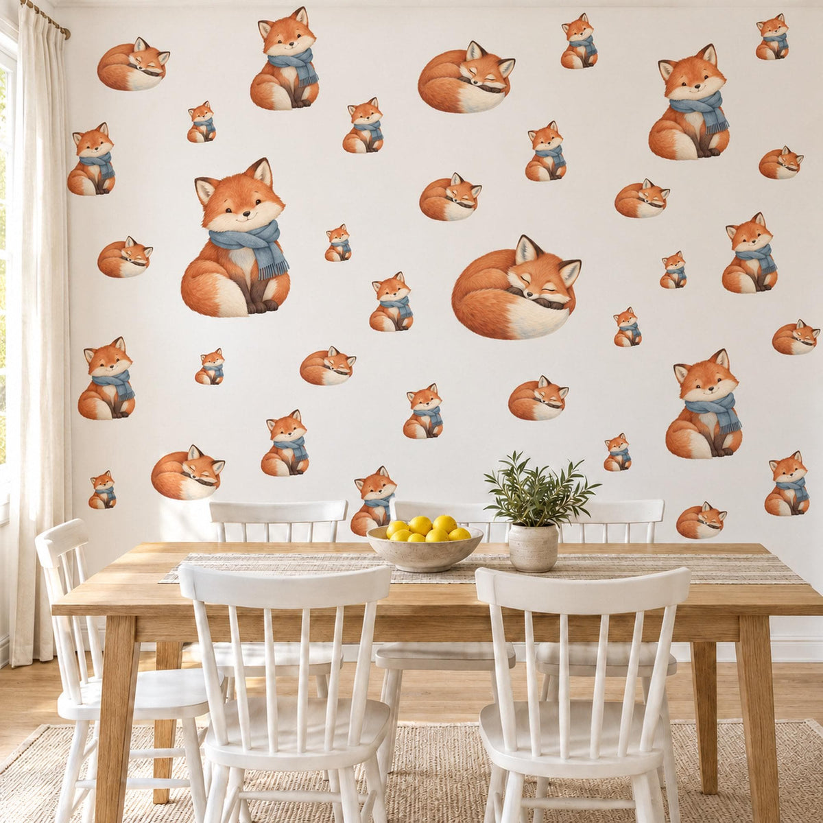 Fox Wall Stickers, Cosy Fox Woodland Nursery Decor, Sleepy Foxes in Scarves Wall Decals, Orange Blue Kids Room Peel and Stick Wall Art