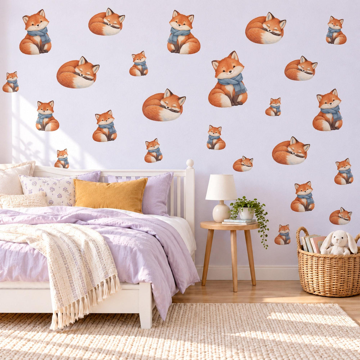 Fox Wall Stickers, Cosy Fox Woodland Nursery Decor, Sleepy Foxes in Scarves Wall Decals, Orange Blue Kids Room Peel and Stick Wall Art