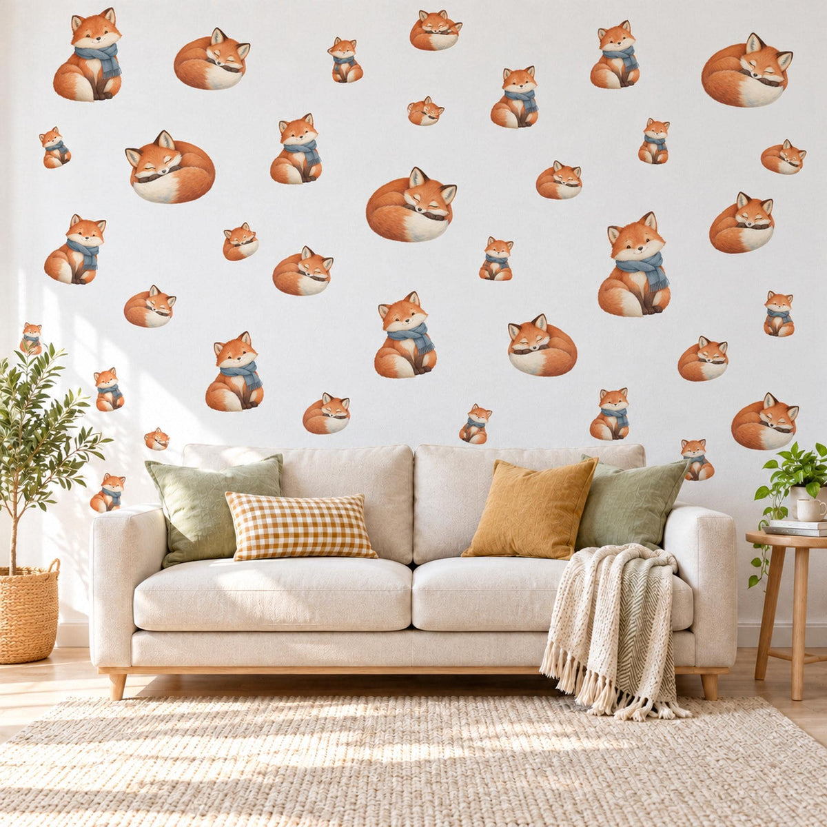 Fox Wall Stickers, Cosy Fox Woodland Nursery Decor, Sleepy Foxes in Scarves Wall Decals, Orange Blue Kids Room Peel and Stick Wall Art