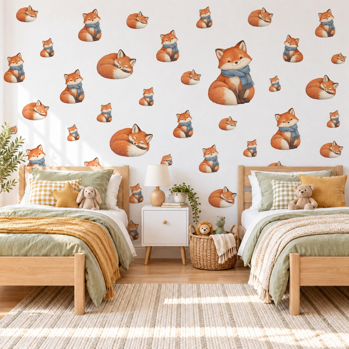 Fox Wall Stickers, Cosy Fox Woodland Nursery Decor, Sleepy Foxes in Scarves Wall Decals, Orange Blue Kids Room Peel and Stick Wall Art