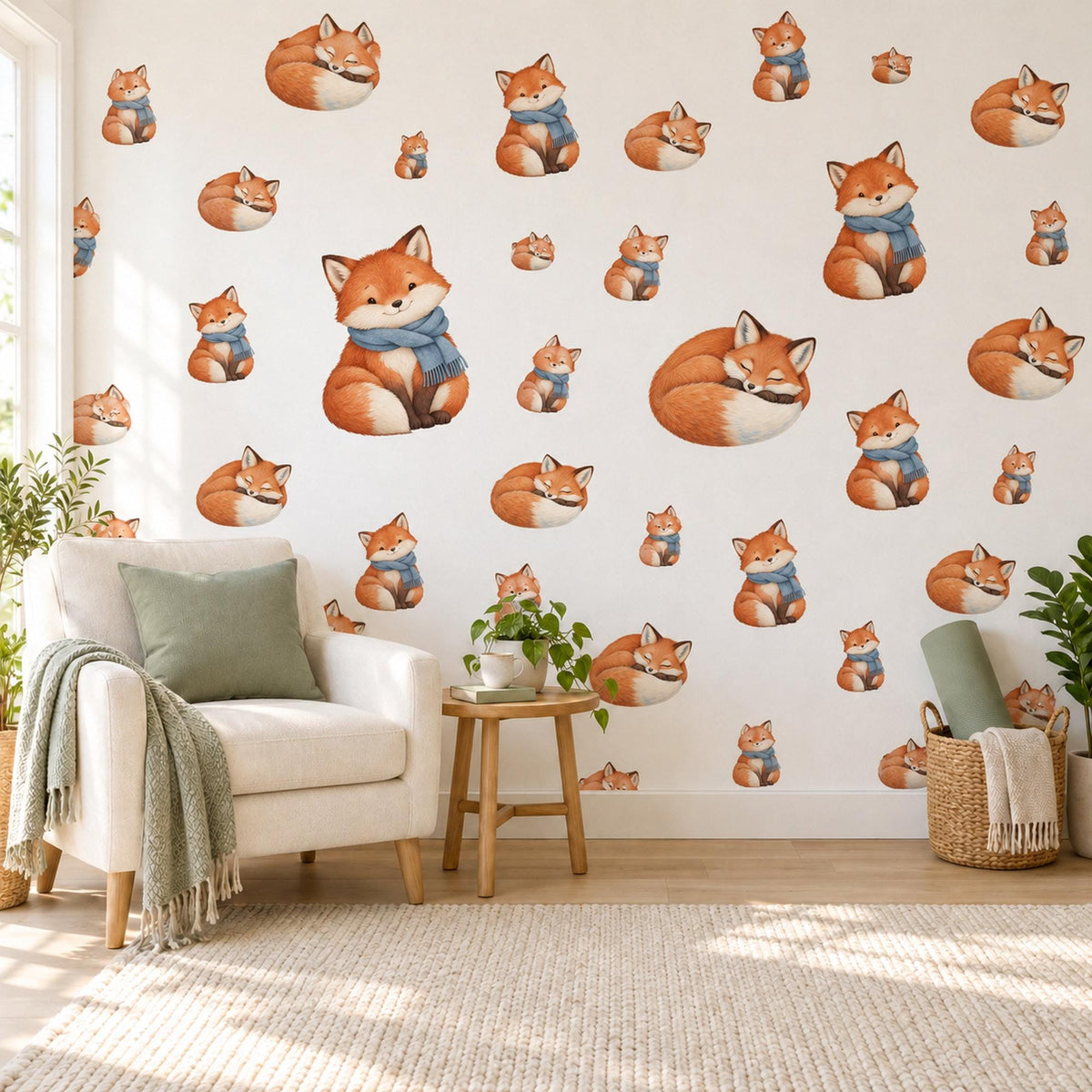 Fox Wall Stickers, Cosy Fox Woodland Nursery Decor, Sleepy Foxes in Scarves Wall Decals, Orange Blue Kids Room Peel and Stick Wall Art
