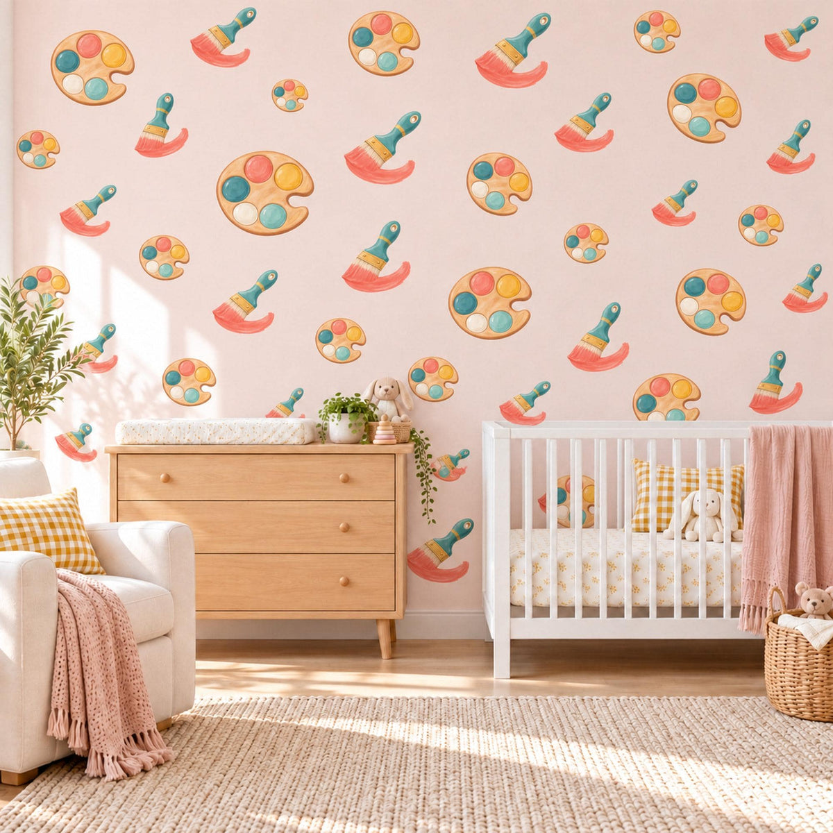 Art Wall Stickers, Paint Palette and Brush Nursery Decor, Little Artist Wall Decals, Coral Teal Mustard Playroom Peel and Stick Wall Art