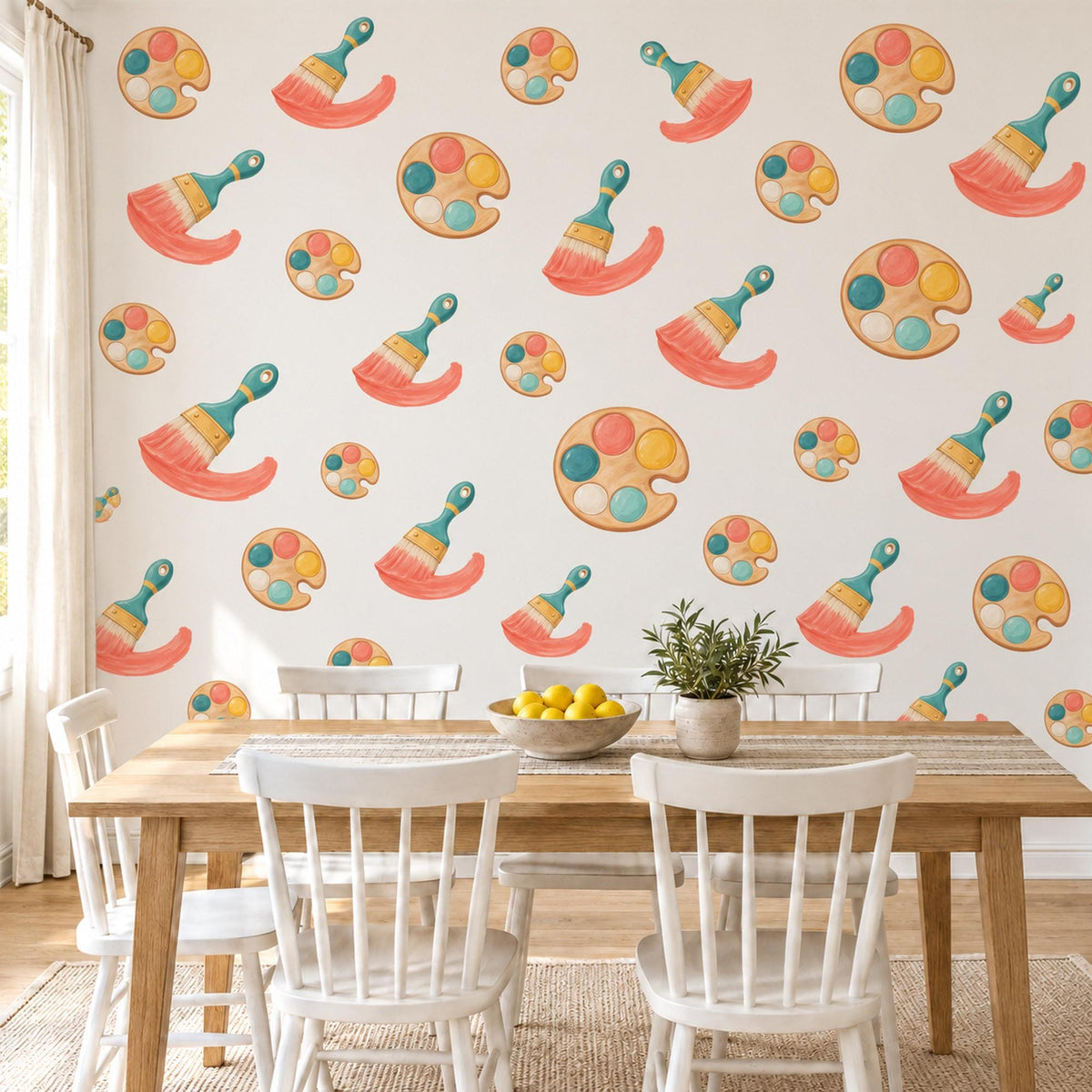 Art Wall Stickers, Paint Palette and Brush Nursery Decor, Little Artist Wall Decals, Coral Teal Mustard Playroom Peel and Stick Wall Art