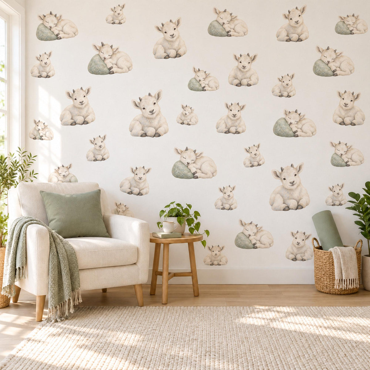 Goat Wall Stickers, Baby Mountain Goat Nursery Decor, Cute Farm Animal Wall Decals, Cream Sage Neutral Kids Room Peel and Stick Wall Art