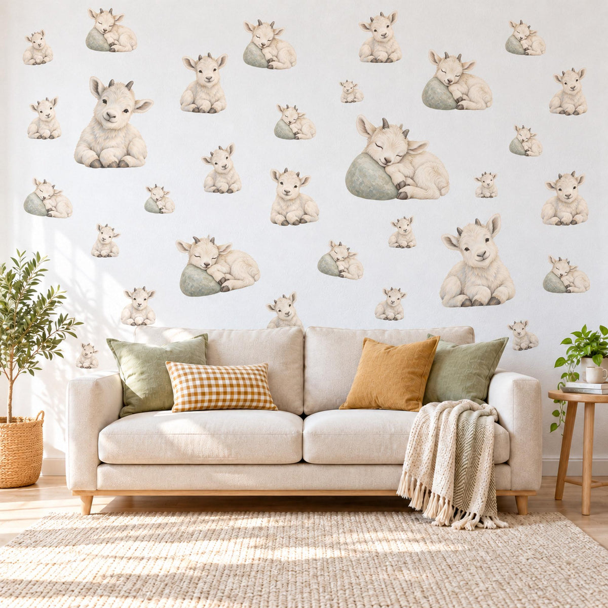 Goat Wall Stickers, Baby Mountain Goat Nursery Decor, Cute Farm Animal Wall Decals, Cream Sage Neutral Kids Room Peel and Stick Wall Art