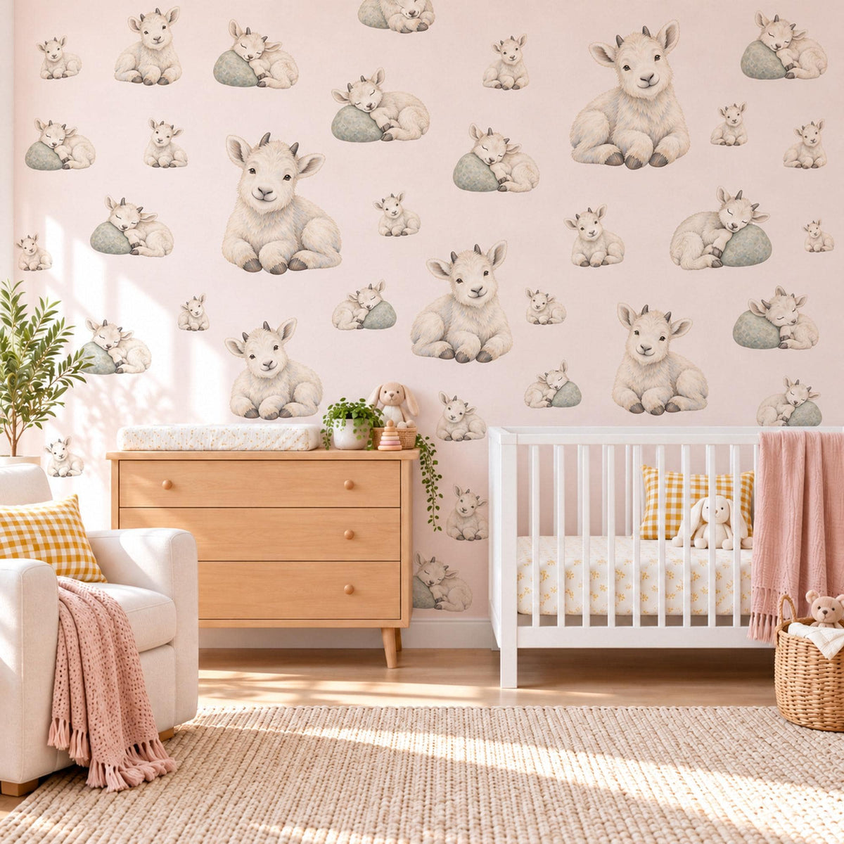 Goat Wall Stickers, Baby Mountain Goat Nursery Decor, Cute Farm Animal Wall Decals, Cream Sage Neutral Kids Room Peel and Stick Wall Art