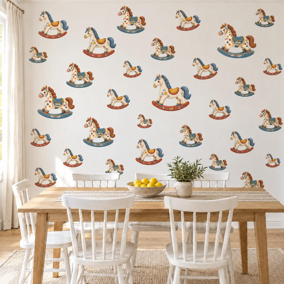 Rocking Horse Wall Stickers, Vintage Toy Nursery Decor, Folk Art Rocking Horse Wall Decals, Blue Red Cream Kids Room Peel and Stick Art