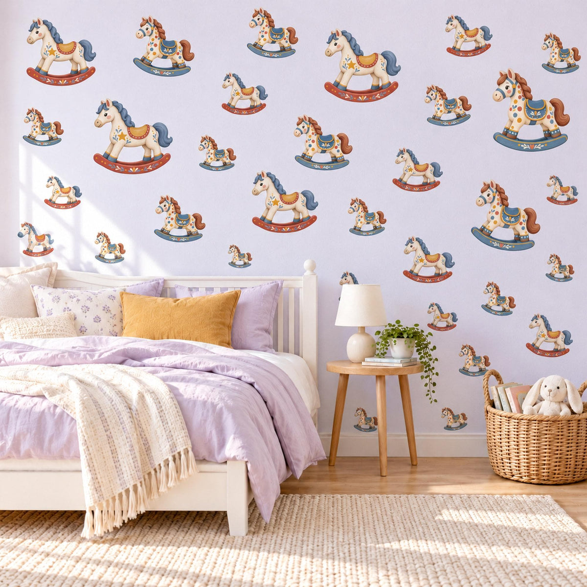 Rocking Horse Wall Stickers, Vintage Toy Nursery Decor, Folk Art Rocking Horse Wall Decals, Blue Red Cream Kids Room Peel and Stick Art