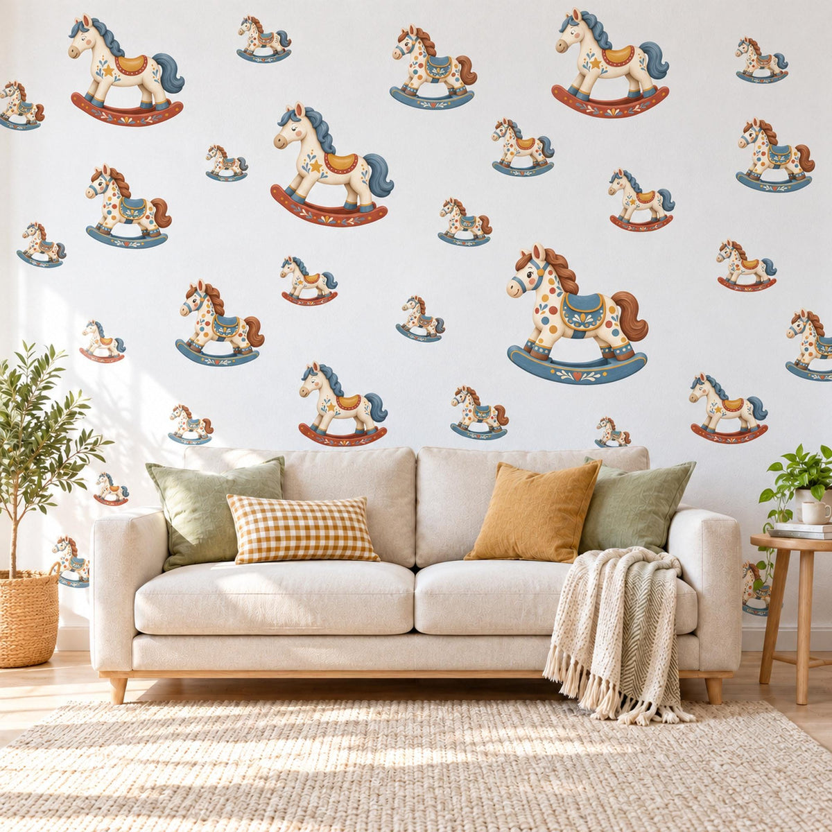 Rocking Horse Wall Stickers, Vintage Toy Nursery Decor, Folk Art Rocking Horse Wall Decals, Blue Red Cream Kids Room Peel and Stick Art