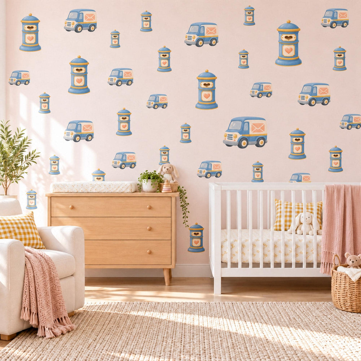 Post Box Wall Stickers, Mail Van Nursery Decor, Postbox and Heart Letter Wall Decals, Blue Peach Kids Room Peel and Stick Wall Art