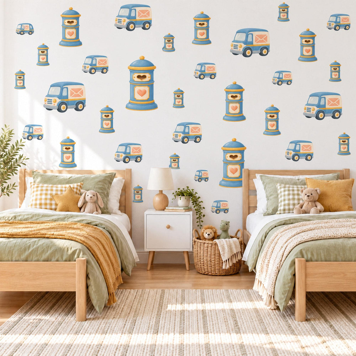 Post Box Wall Stickers, Mail Van Nursery Decor, Postbox and Heart Letter Wall Decals, Blue Peach Kids Room Peel and Stick Wall Art
