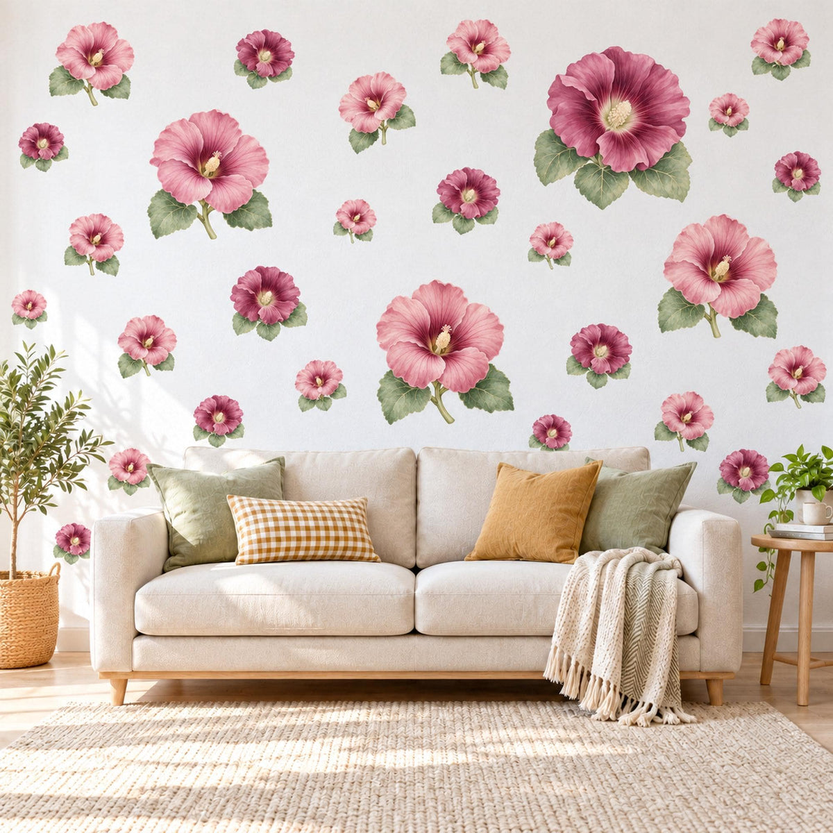 Hollyhock Wall Stickers, Pink Flower Nursery Decor, Cottage Garden Hollyhock Wall Decals, Rose Plum Floral Girls Room Peel and Stick Art