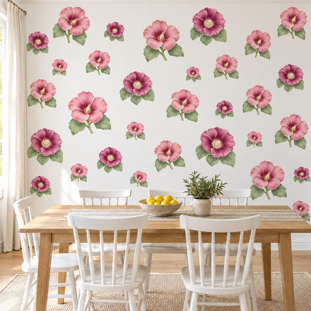 Hollyhock Wall Stickers, Pink Flower Nursery Decor, Cottage Garden Hollyhock Wall Decals, Rose Plum Floral Girls Room Peel and Stick Art