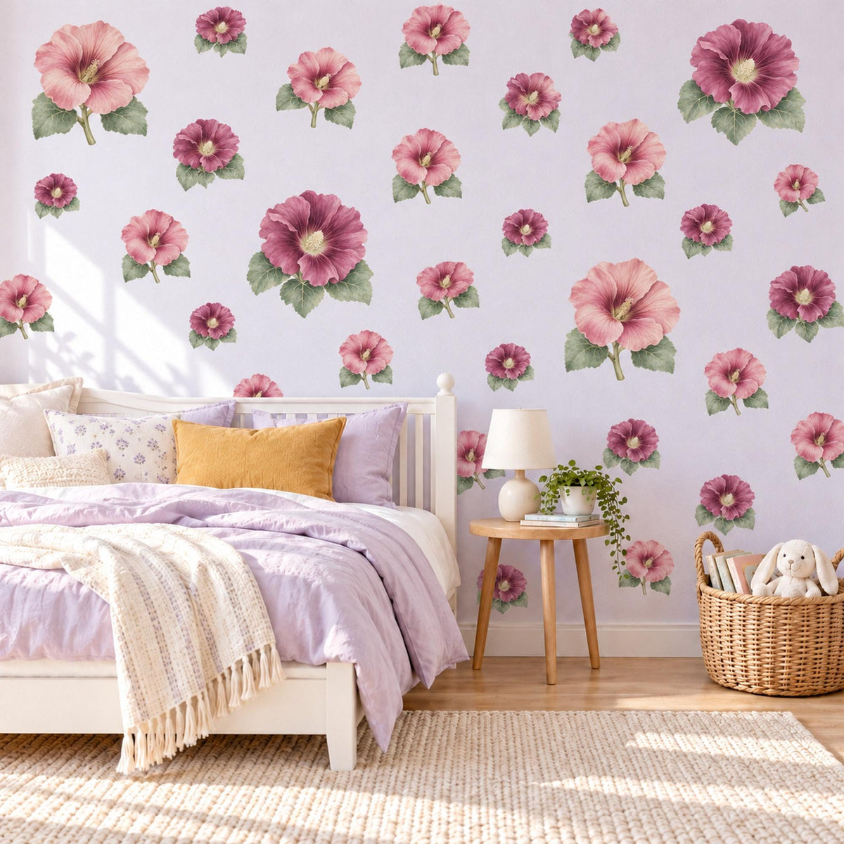 Hollyhock Wall Stickers, Pink Flower Nursery Decor, Cottage Garden Hollyhock Wall Decals, Rose Plum Floral Girls Room Peel and Stick Art