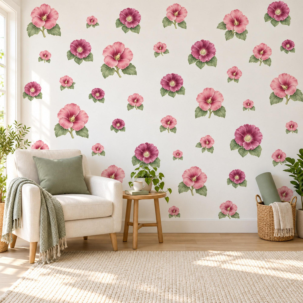 Hollyhock Wall Stickers, Pink Flower Nursery Decor, Cottage Garden Hollyhock Wall Decals, Rose Plum Floral Girls Room Peel and Stick Art