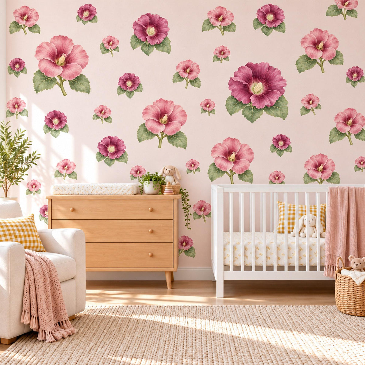 Hollyhock Wall Stickers, Pink Flower Nursery Decor, Cottage Garden Hollyhock Wall Decals, Rose Plum Floral Girls Room Peel and Stick Art