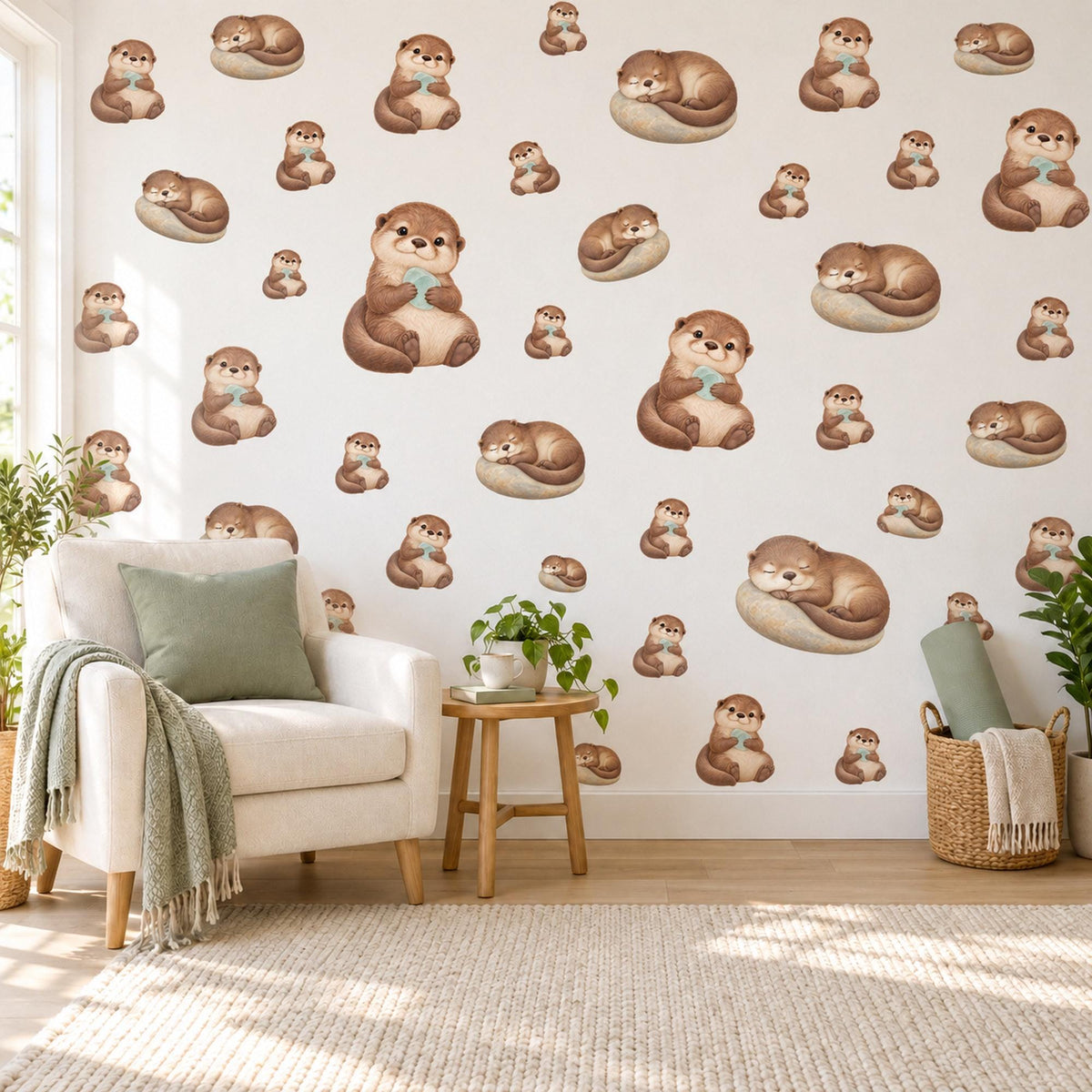 Otter Wall Stickers, Baby Otter Nursery Decor, Sleepy Otters and Pebbles Wall Decals, Brown Neutral River Animal Kids Peel and Stick Art