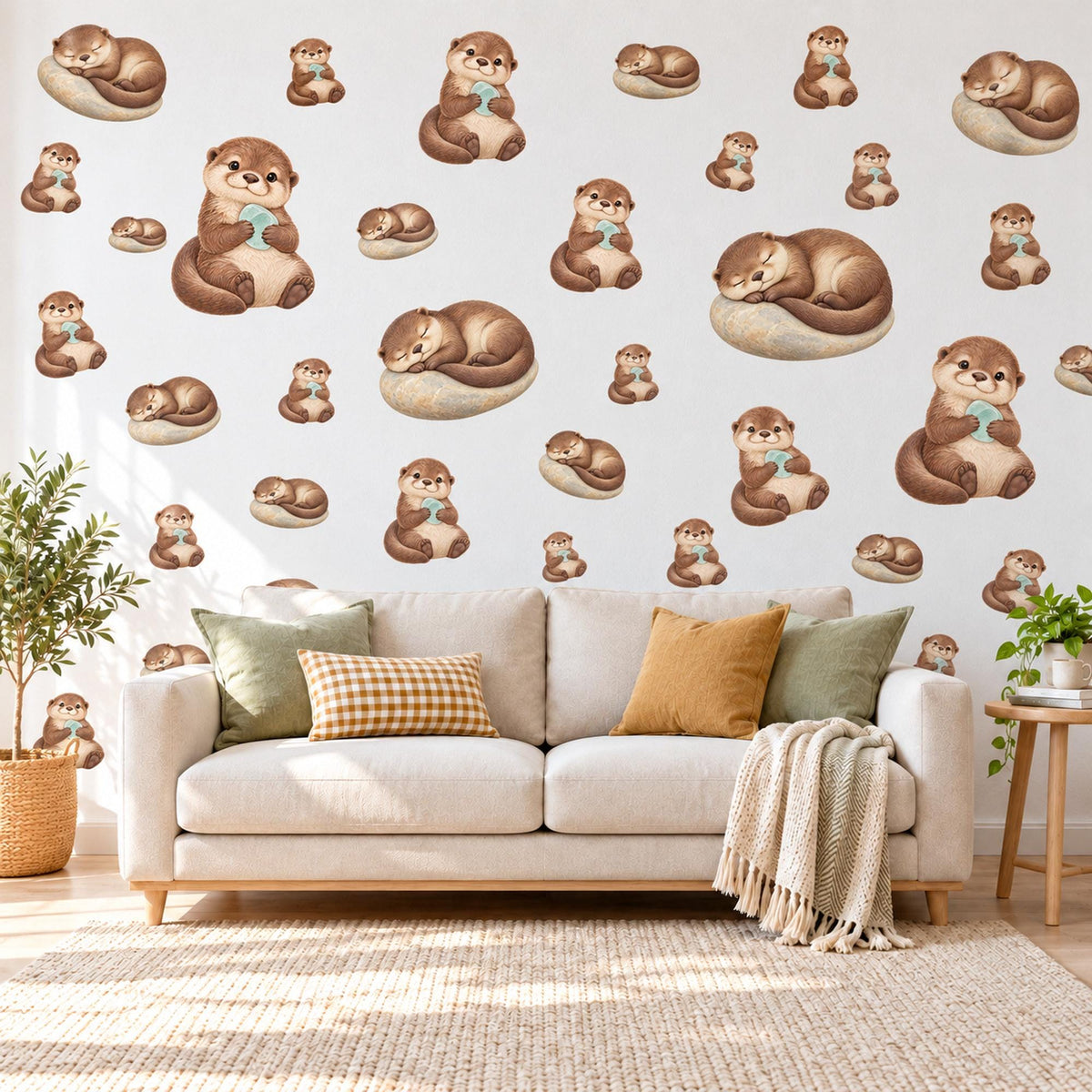 Otter Wall Stickers, Baby Otter Nursery Decor, Sleepy Otters and Pebbles Wall Decals, Brown Neutral River Animal Kids Peel and Stick Art
