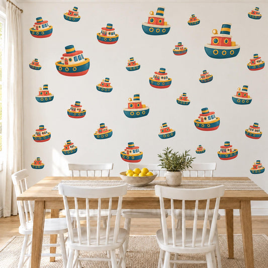 Tugboat Wall Stickers, Toy Boat Nursery Decor, Nautical Tug Boat Wall Decals, Navy Red Mustard Boys Room Peel and Stick Wall Art