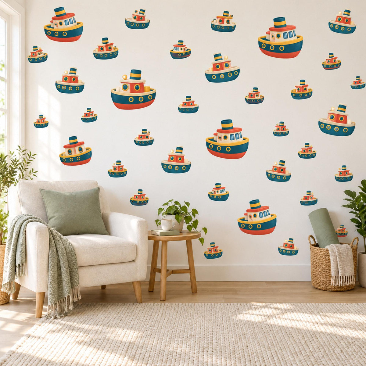 Tugboat Wall Stickers, Toy Boat Nursery Decor, Nautical Tug Boat Wall Decals, Navy Red Mustard Boys Room Peel and Stick Wall Art